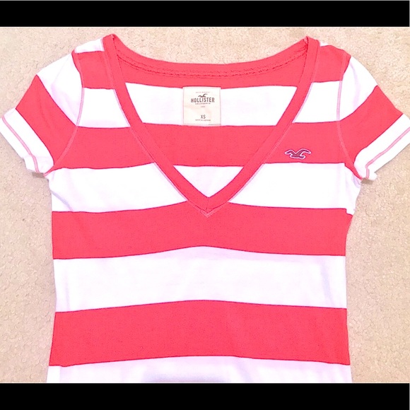 🆕🔥HOLLISTER NWOT CORAL/WHITE STRIPED SHIRT SUPER CUTE CORAL&WHITE STRIPED - Picture 2 of 3